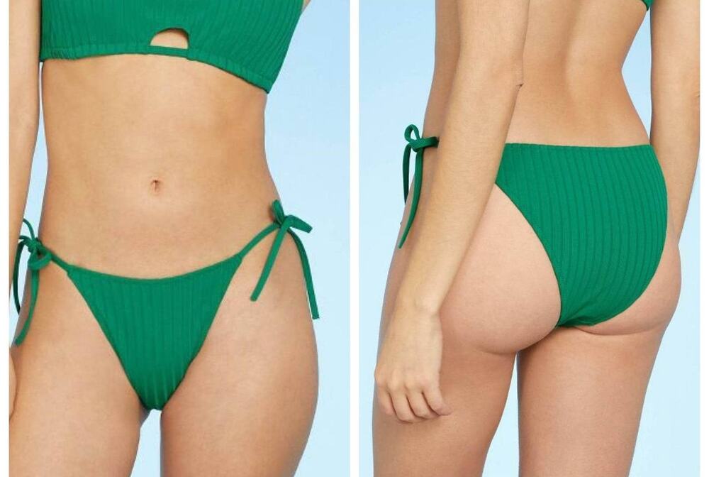 Shade & Shore Ribbed Side String Tie High Leg Extra Cheeky Bikini Bottom Medium